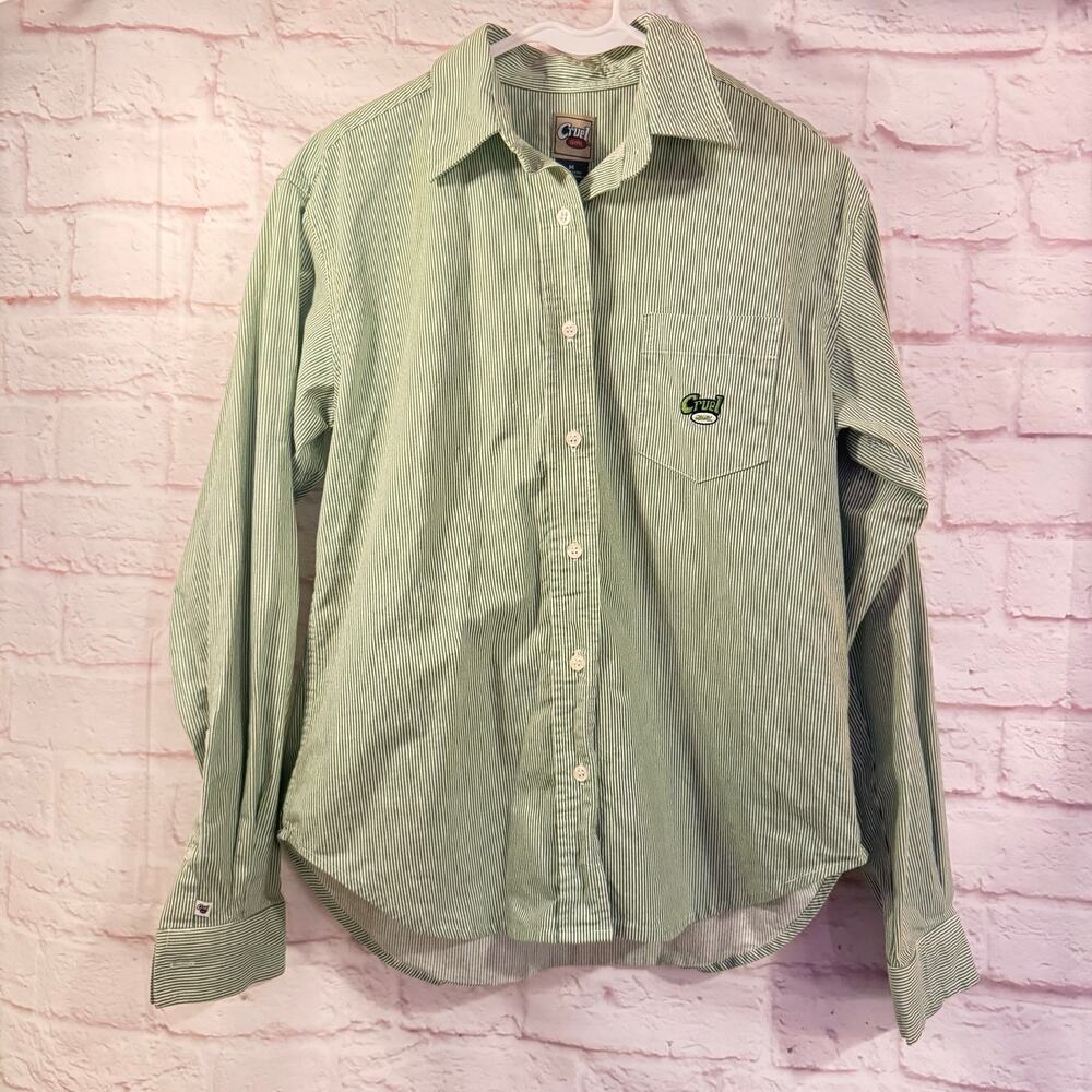 Cruel Girl Sz M green/white button up shirt with logo 28” length Western wear